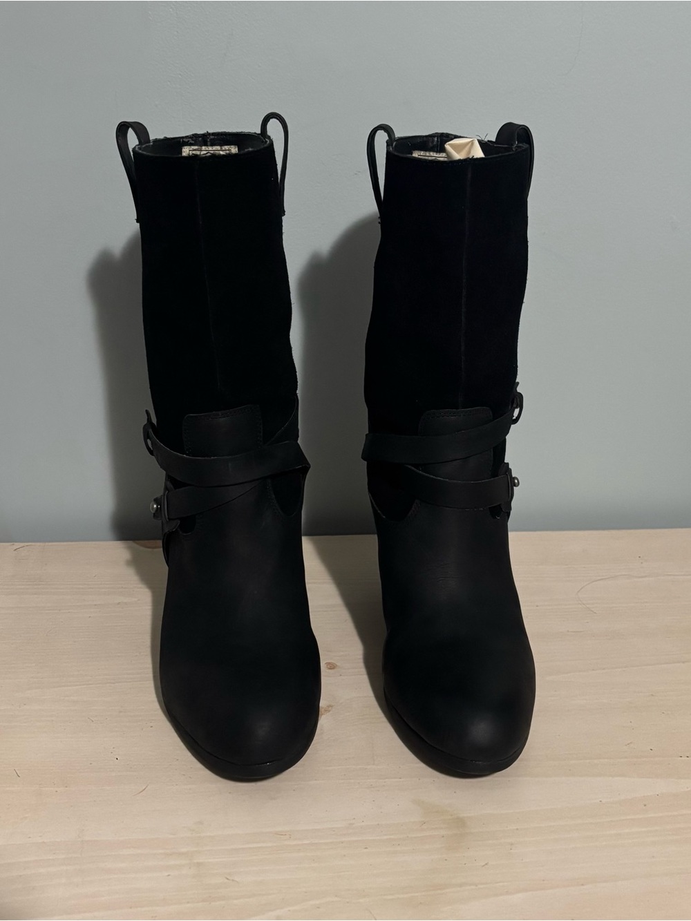 Ralph Lauren Black Mid-Calf Heeled Strap Boots